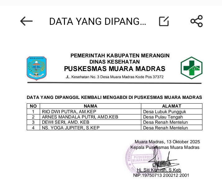 Klarifikasi Kepala Puskesmas Muara Madras Terkait Pemanggilan Staf